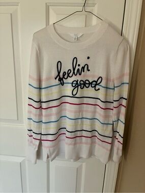 White 'Feelin' Good' Striped Crewneck Sweater